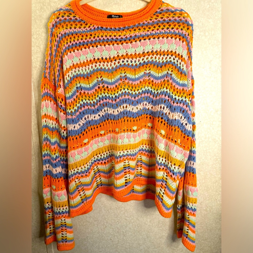 Melody Rainbow Striped Multi Color Women Sweater XL Loose Knit Colorful